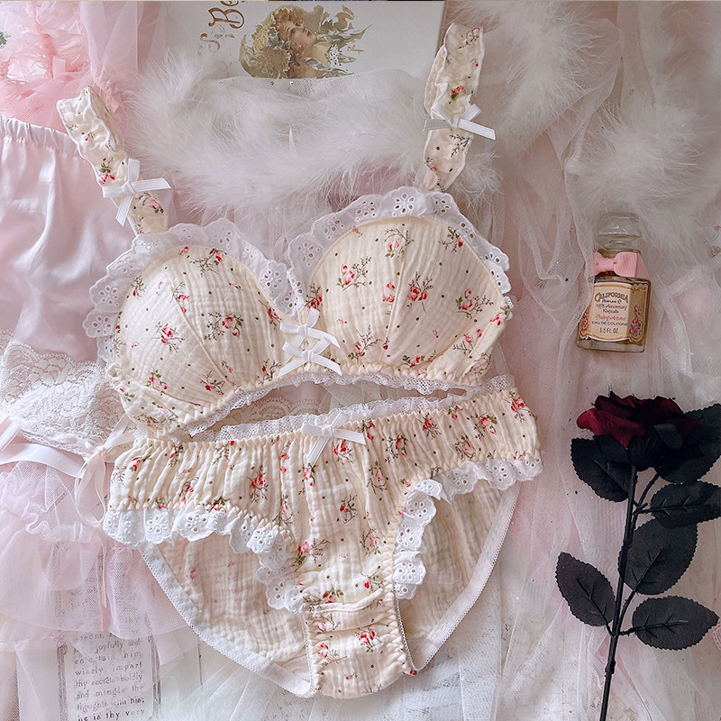 Японское милое хлопковое нижнее белье, тонкий бюстгальтер без косточек, комплект, цветочный принт 