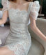 2023 summer fashion women's clothing Australian design sense French puff sleeve waist white lace dress can be worn at ordinary times