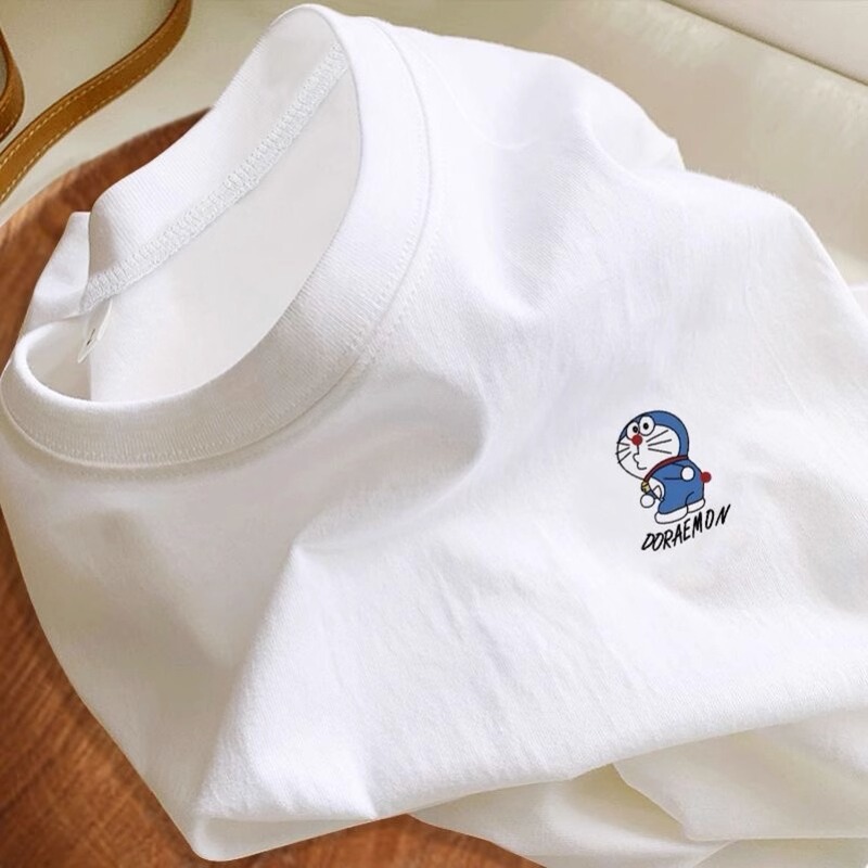 European Style White Pure Cotton Short-Sleeved T-Shirt for Women, 2025 Summer New Loose Round Neck Casual Printed Age-Reducing Top