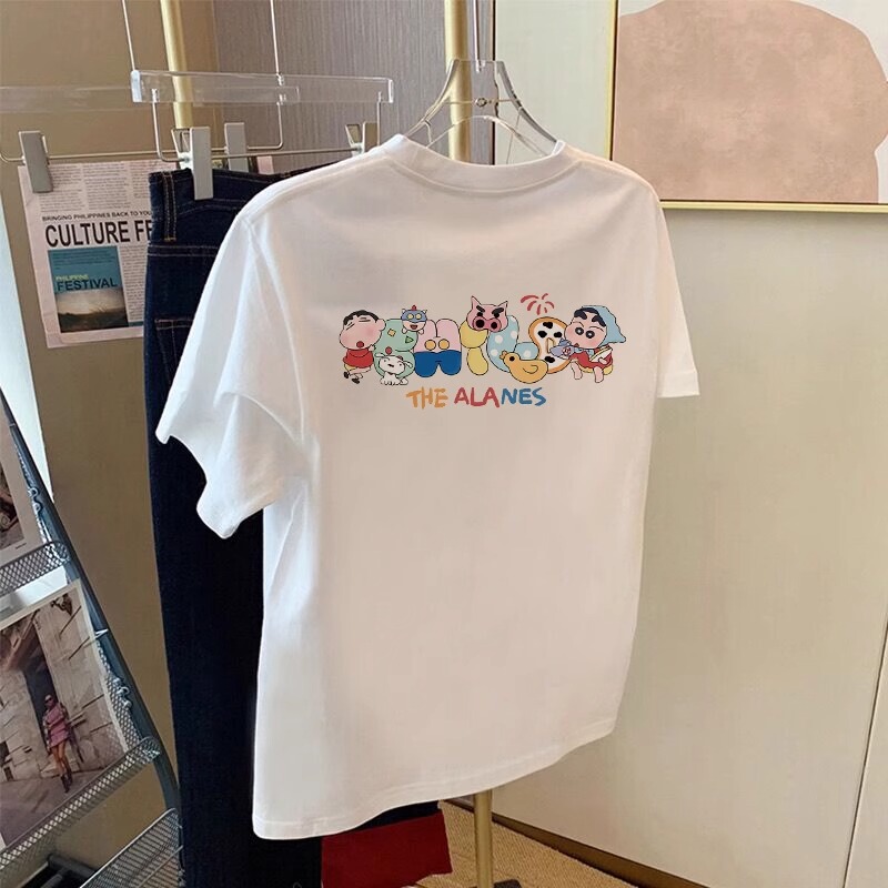 European-Style White Double-Sided Printed Pure Cotton Short-Sleeve T-Shirt for Women, Summer Thin Korean Version, Loose Cartoon Casual Age-Reducing Top