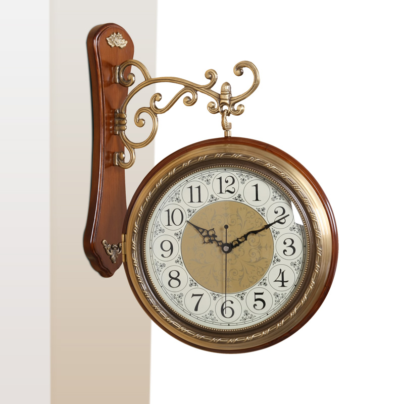 TQJ pure copper clock European-style solid wood double-sided hanging clock idea hanging table living room bedroom mute wall hanging clock