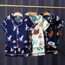  Childrens pajamas summer ice silk mens and womens summer thin sweat-absorbing short-sleeved summer boys cute home clothes set tide