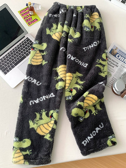 Thickened Flannel Pajamas for Men and Women in Autumn and Winter Loose Plus Size Warm Coral Velvet Home Pants Flap Pocket Pants Warm Pants