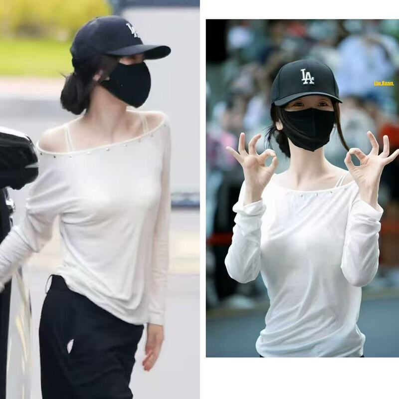 Yu Shuxin's Same Style Rivet Design Off-Shoulder Long-Sleeve Blouse, Early Autumn Thin Loose-Fitting Lazy Style Versatile Solid Color Top