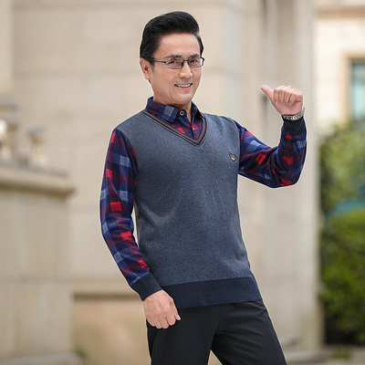 中老年保暖冬装假两件毛衣男装