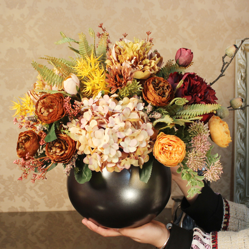 Retro Old-Fashioned Peony Artificial Bouquet Floral Arrangement Hand-Held Flower Art Forest Style European-Style Ornaments Living Room Coffee Table Decoration