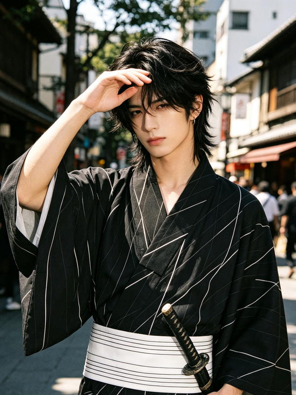 Yingwa Japanese Black Traditional Kimono Yukata Men's Samurai Photo Shoot Costume
