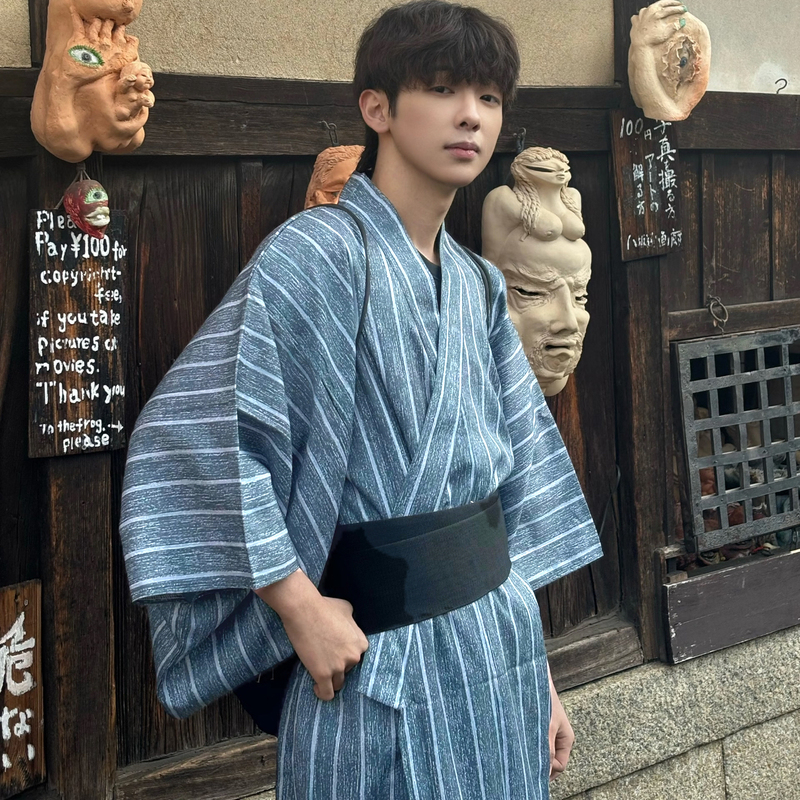 Yingwa Japanese Gray-Blue Kimono for Men, Traditional Samurai-Style Improved Japanese Yukata, Suitable for All Seasons, Photography and Performance Clothing Yingwa Japanese Gray-Blue Kimono for Men, Traditional Samurai-Style Improved Japanese Yukata, Suitable for All Seasons, Photography and Performance Clothing