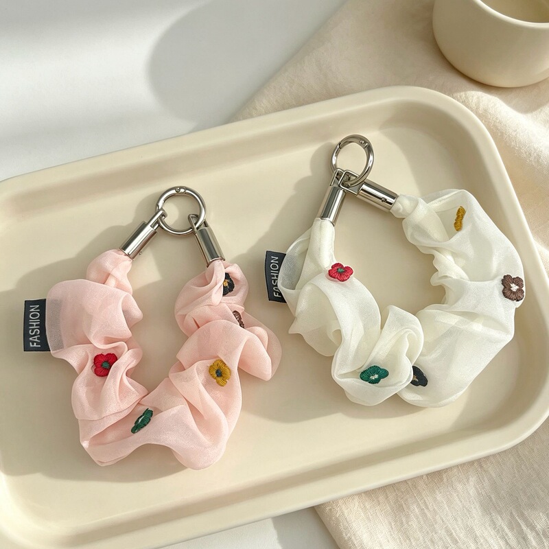 Original Korean-Style Embroidered Small Flower Scrunchie Phone Strap with Chiffon Label, Pleated Ornament for Water Bottle, Bag, and Keychain