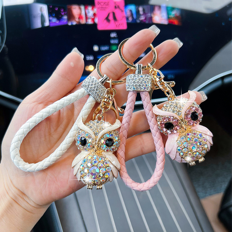 Korean-Style Fashion Alloy Rhinestone-Encrusted Oil-Drip Owl Car Keychain Personalized Bag Decoration Pendant Accessory