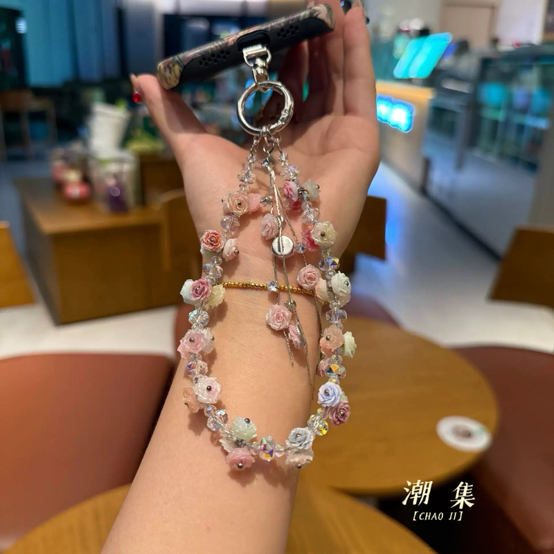 Chaoji Flower Cluster Luminous Pink Rose Ball Beaded Phone Chain Creative Anti-Loss Key Bag Pendant
