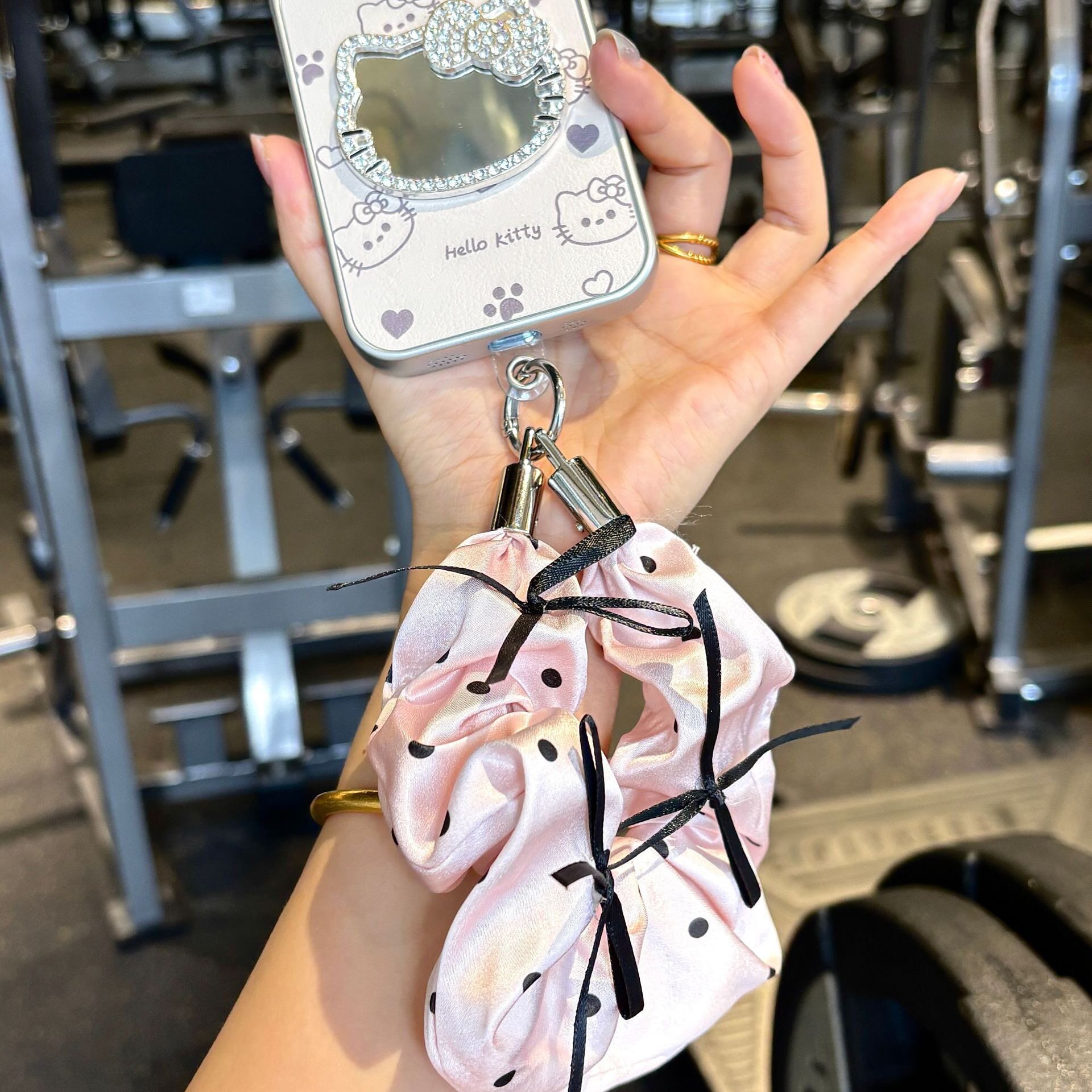 New soft pink satin polka dot ring phone lanyard with black ribbon bow fabric wristband phone chain