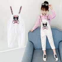 9 girls spring jeans children Spring Spring and Autumn Foreign Air white hole casual trousers girls straps pants 6 years old 12