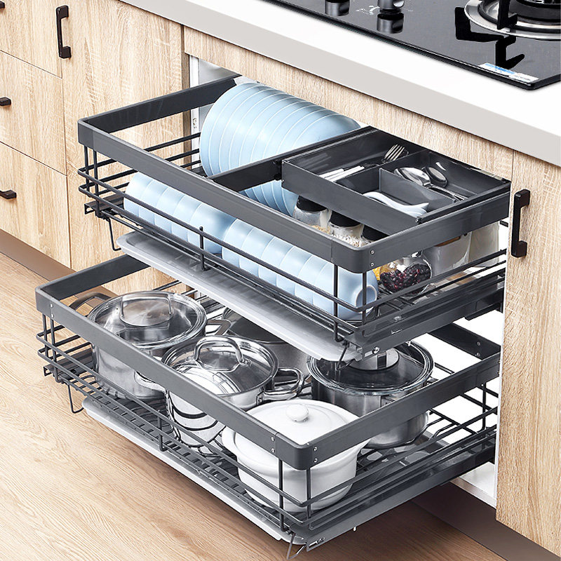 Pull basket kitchen cabinet three-layer drawer type 304 stainless steel double layer bowl rack storage rack built-in shelf