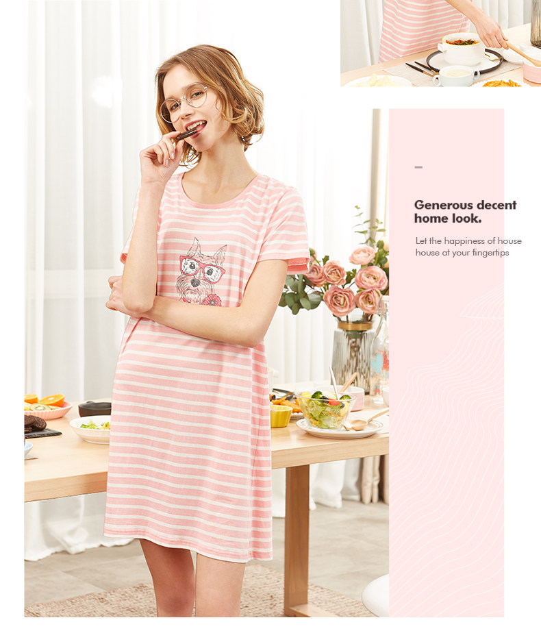 Ba súng nightdress nữ 2018 mùa hè mới bông sọc đồ ngủ thoáng khí nhà vòng cổ bông ladies home dịch vụ