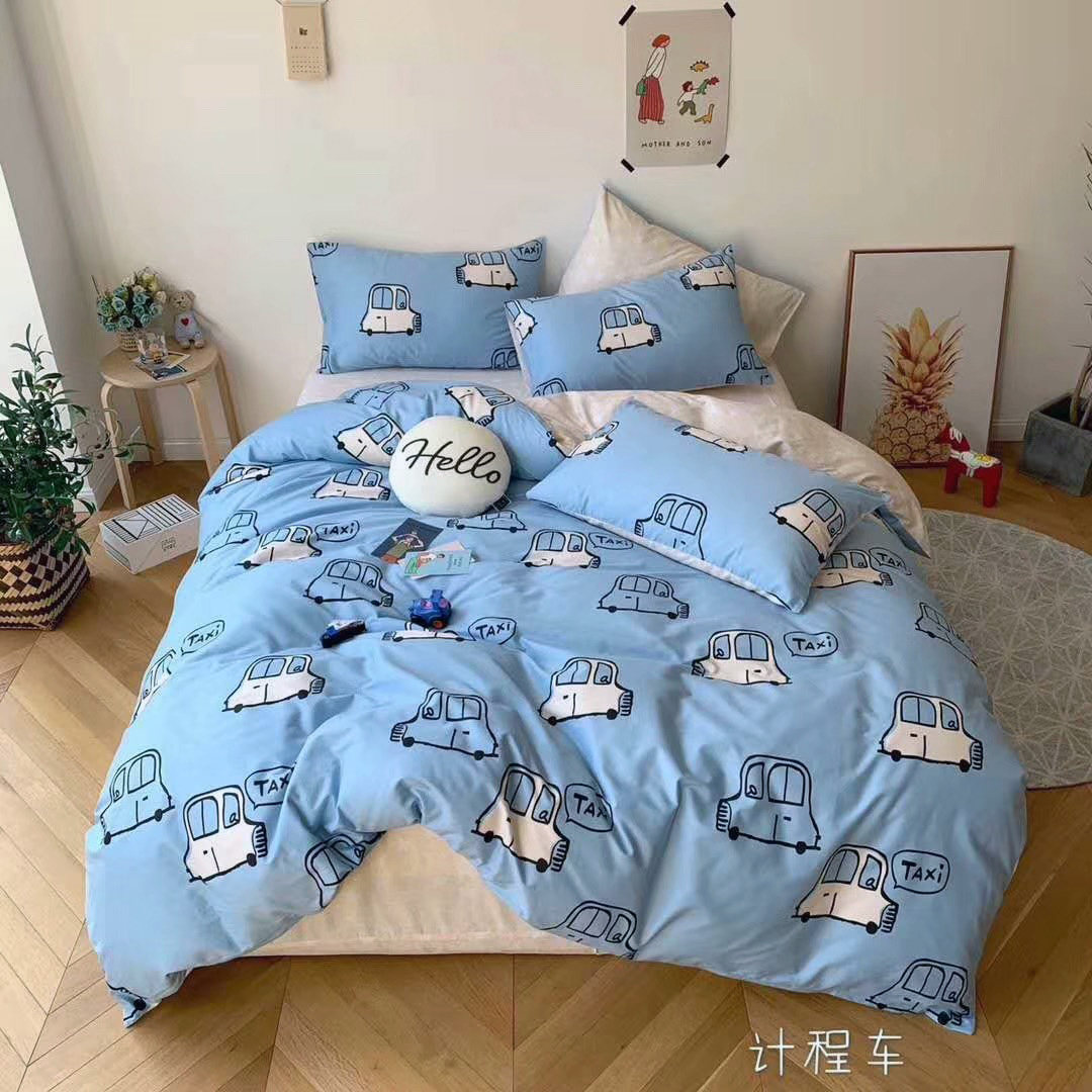 Blue cartoon car summer linen canvas old coarse cloth air-conditioned room bed sheet pillowcase can be customized