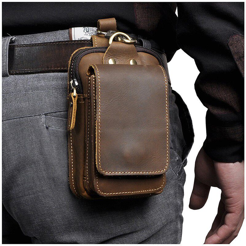 New Retro Handmade Head Layer Bull Leather Men 7 Inch Mobile Phone Packs of Pockets Crazy Mapleather Wearing Waist Strap Hanging Bag-Taobao
