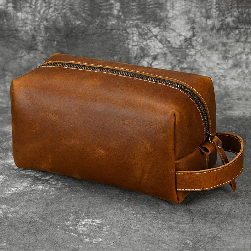 Men's Genuine Leather Clutch Bag, Vintage Crazy Horse Leather Unisex Toiletry Bag, Multifunctional Makeup Storage Bag, Cowhide Clutch Bag