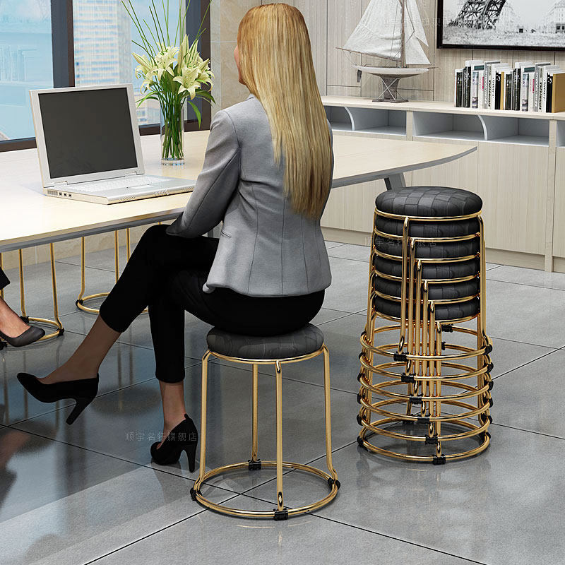 Business black office stool Household round stool Dining stool Modern light luxury leather stool Net red thickened makeup chair can be stacked