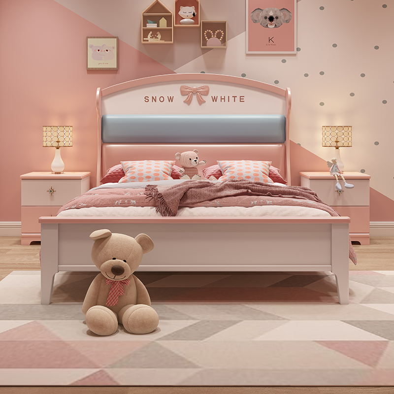Nordic children's bed single bed 1 35 bow solid wood high box storage bed girl pink princess bed girl