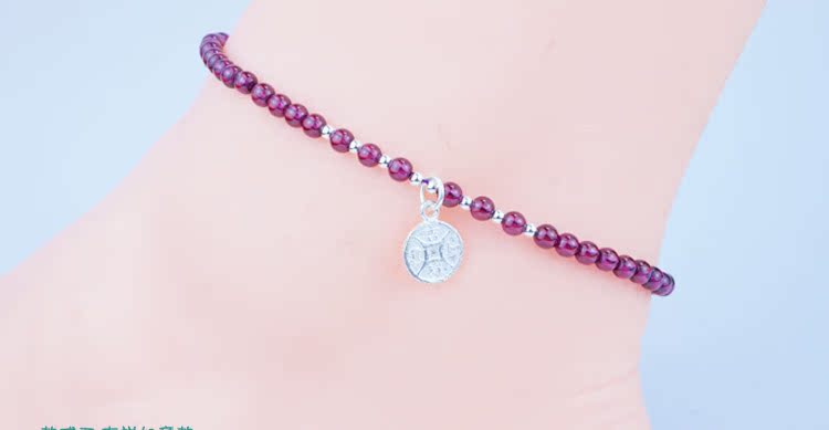 Bộ sưu tập lạnh tự nhiên của răng tím garnet vòng chân S925 trang sức bạc nữ lắc chân bạc