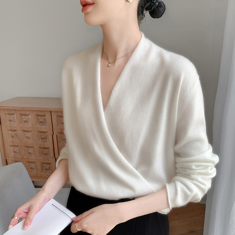 New Cross V-Neck Cashmere Pullover Sweater Jacket with Knitted Inner Layer, Japanese-Style Wool Kimono Base Shirt for Women