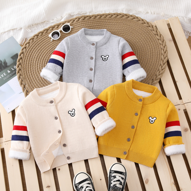 Baby Pure Cotton Thickened One-Piece Fleece Cardigan Winter Warm Fashion Preppy Style Mickey Embroidered Striped Sweater