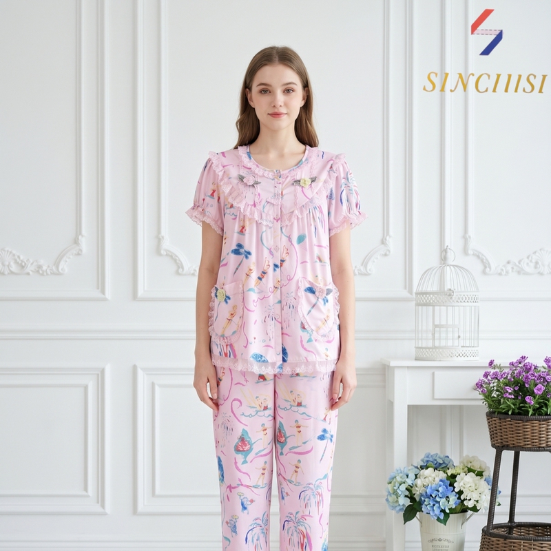 Xinqi Silk Pure Cotton Wood Pulp Cotton Young Women's Round Neck Printed Button-Front Summer Set Loungewear Short-Sleeve Long Pants