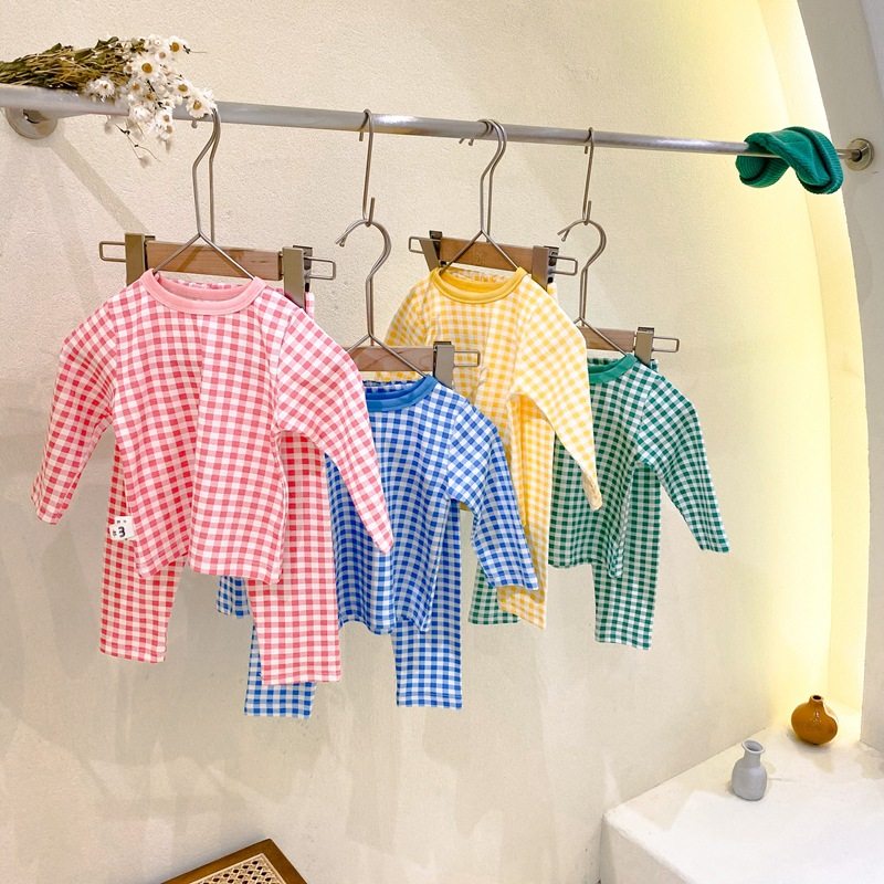 20 autumn and winter new Korean home clothes 3 children's cotton plaid children's suits 4 boys and girls baby pajamas long clothes