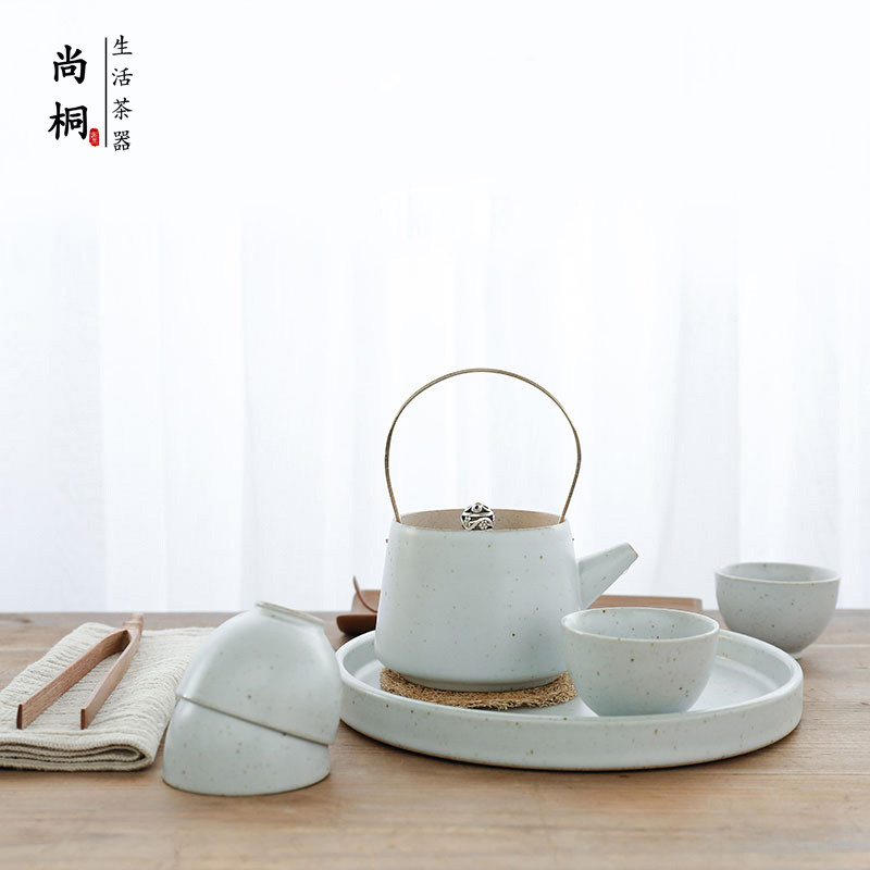 Kung Fu tea set Household Japanese ceramic pot four cups Zen black pottery exquisite beam pot Vintage tea small