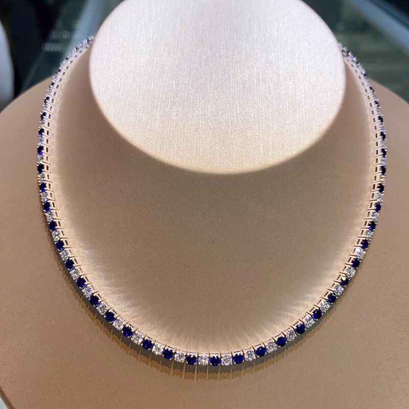 Sapphire Four-Prong Tennis Necklace for Women, 18K Gold Inlaid with Lab-Grown Diamonds and Synthetic Gemstones, Delicate Collarbone Chain with a Refined European and American Style Sapphire Four-Prong Tennis Necklace for Women, 18K Gold Inlaid with Lab-Grown Diamonds and Synthetic Gemstones, Delicate Collarbone Chain with a Refined European and American Style