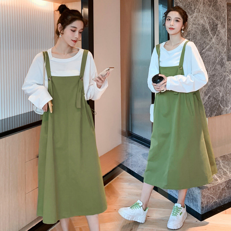 Pregnancy Woman Dress Spring Dress New Korean Version For Long Version Holding Baby Bag Two Style Foreign Dress Fashion Foreign Style Long Sleeve Pendant Strap Dress
