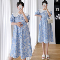 Foreign air summer dress new gestational woman dress with dress temperament sweet and thin dolls collar short sleeves Flowers Long Dresses