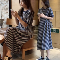 Pregnancy Woman Dress Spring Dress New Korean Version of the Long Striped Dress Fashion Dresses Fashion Dresses Big Code Loose pure cotton dresses