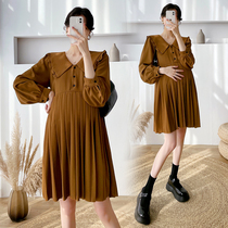 Foreign air pregnancy woman dress in spring clothing new Korean version Long length sleeves 100 pleats relaxed even dress dolls collar fashion dresses