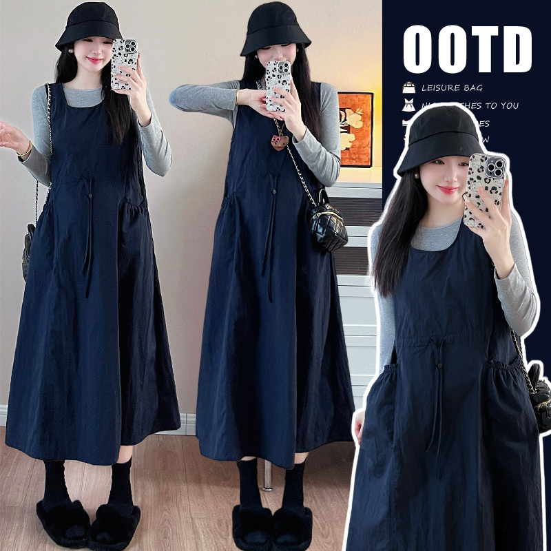 Spring and Summer New Korean Style Plus-Size Maternity Wear Casual Two-Piece Dress Slimming Top + Suspender Skirt Set