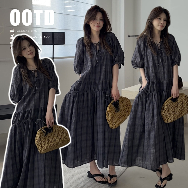 2026 Summer New Korean Style Plus Size Maternity Dress Loose Dress Retro Plaid Skirt Elegant Cotton and Linen Long Skirt 2026 Summer New Korean Style Plus Size Maternity Dress Loose Dress Retro Plaid Skirt Elegant Cotton and Linen Long Skirt