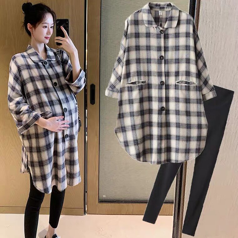 Pregnancy maternity dress Spring loaded with new Korean version of the long version of the plaid shirt large size Loose Display Slim shirt Long sleeves Ocean Clothing Tide
