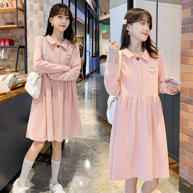 Pregnancy Woman Dress Spring Dress New Korean Version Of The Long Version Of The Ocean Dress Foreign Pie Large Size Loose Polo Collar Long Sleeve Skirt