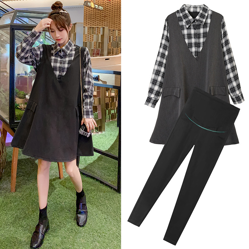 Pregnancy Woman Dress Spring Dress New Korean Version Of The Long Version Plaid Plaid Dress Large Size Loose and Thin Fake Two Skirt Suit