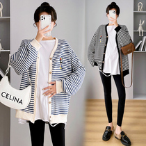Maternity wear autumn new Korean style striped sweater cardigan casual loose versatile long-sleeved top sweater jacket