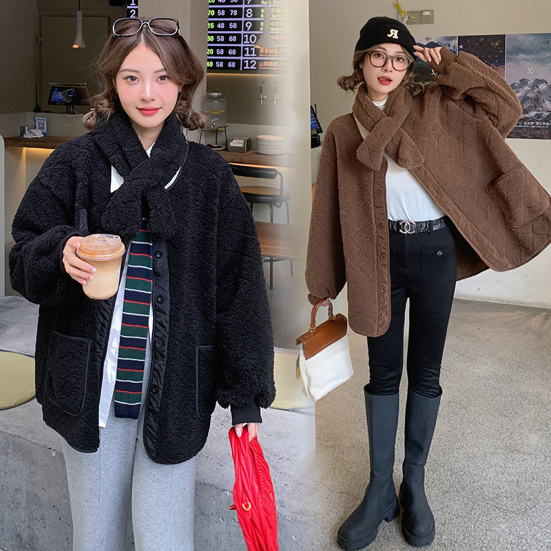 Pregnant women's autumn and winter clothing new Korean style cardigan coat plush top loose large size lamb wool thickened coat trendy