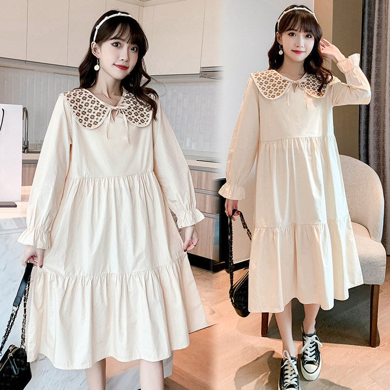 Pregnancy Woman Dress Spring Dress New Korean Version of the Long version dolls collar foreign dress Long sleeves Loose Slim sweet and long-sleeved dress