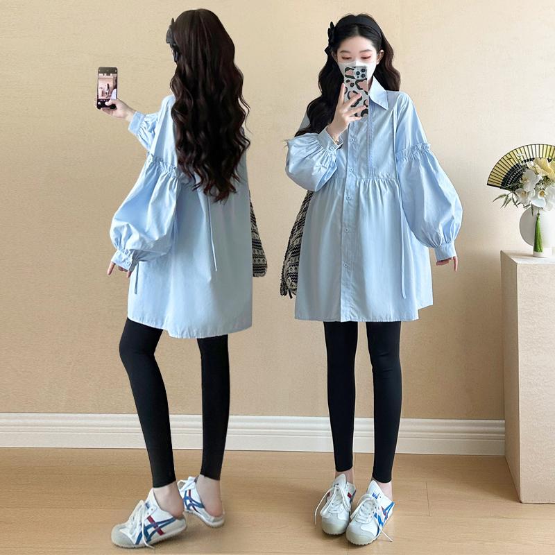 2026 Spring New Maternity Wear Mid-Length Shirt Collar Dress Lantern Sleeve Long Sleeve Shirt Fashion Set