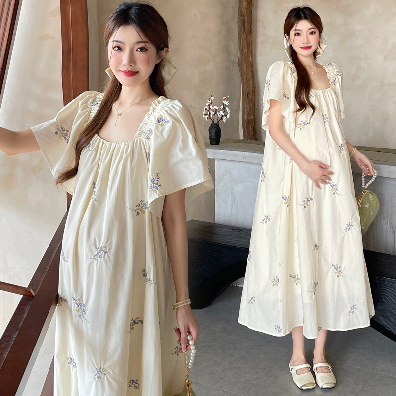 2026 Summer New Plus-Size Maternity Wear Loose Floral Dress Trendy Mom Short-Sleeve Long Dress Embroidered Tutu Skirt