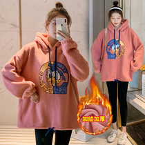 Autumn Winter Dress New Korean Version Large Code Gestational Woman Dress Loose and Velvet Clothing Foreign Air Cartoon Blouse Omer Suit