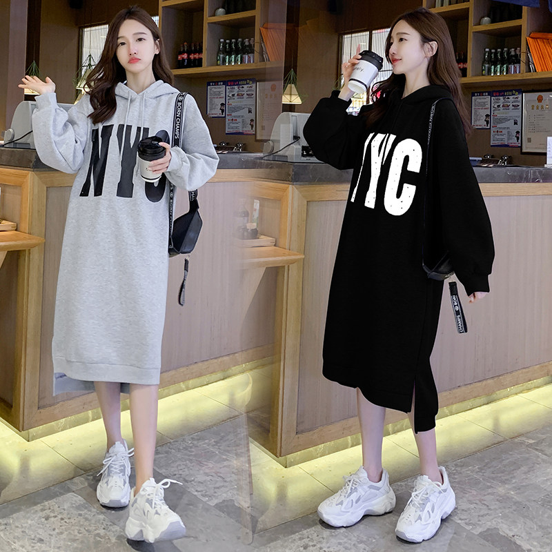 Autumn Winter Grand size Pregnancy Woman dress Korean version plus velvet clothing Fat MM Ocean sent over a knee dress 200 catty of undershirt woman