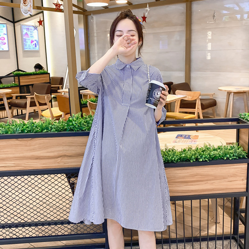 Pregnancy Woman Dress Spring Dress New Korean Version Of The Long Version Striped Ocean Dress Spring Large Scale Easy to Thin A-word Skirt Tide