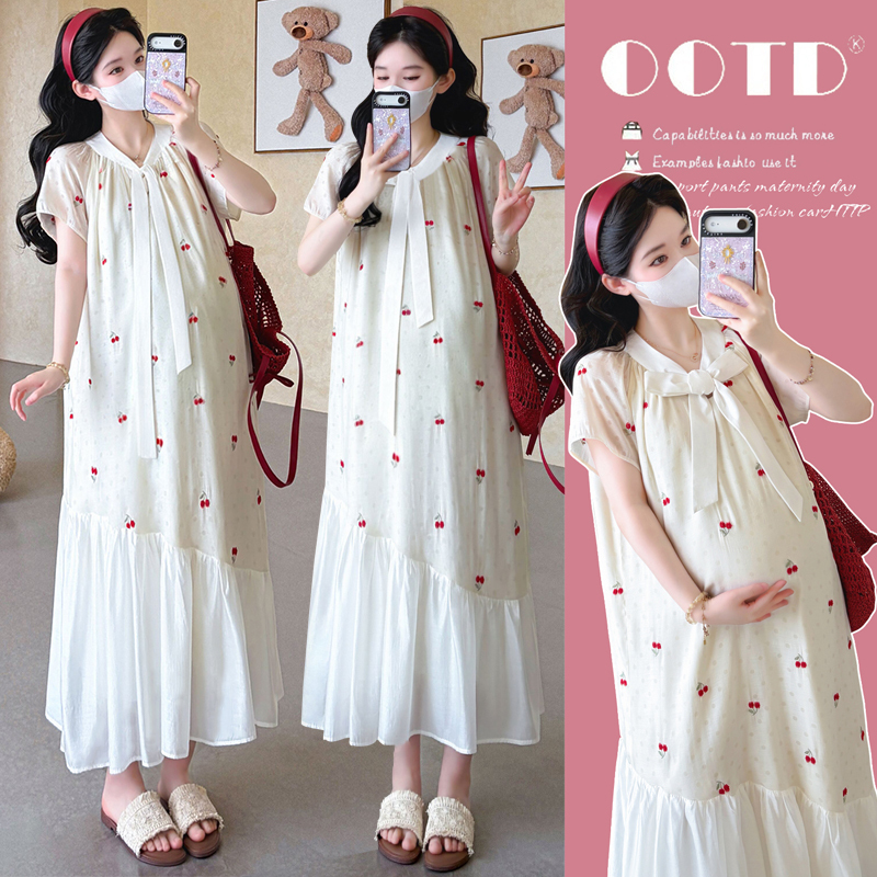 2026 Summer New Plus Size Maternity Dress Sweet Mid-Length Embroidered Dress Age-Reducing Cherry Over-The-Knee Mermaid Dress
