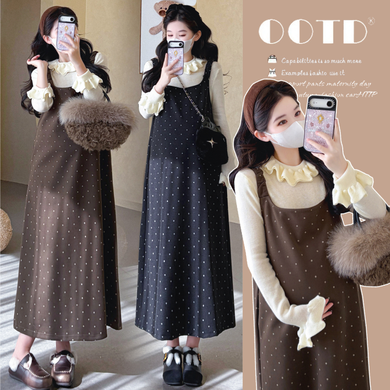 2026 Autumn/Winter Plus Size Korean Style Maternity Two-Piece Dress Set: Polka Dot Strap Midi Dress + Lace Trim Base Layer Set 2026 Autumn/Winter Plus Size Korean Style Maternity Two-Piece Dress Set: Polka Dot Strap Midi Dress + Lace Trim Base Layer Set